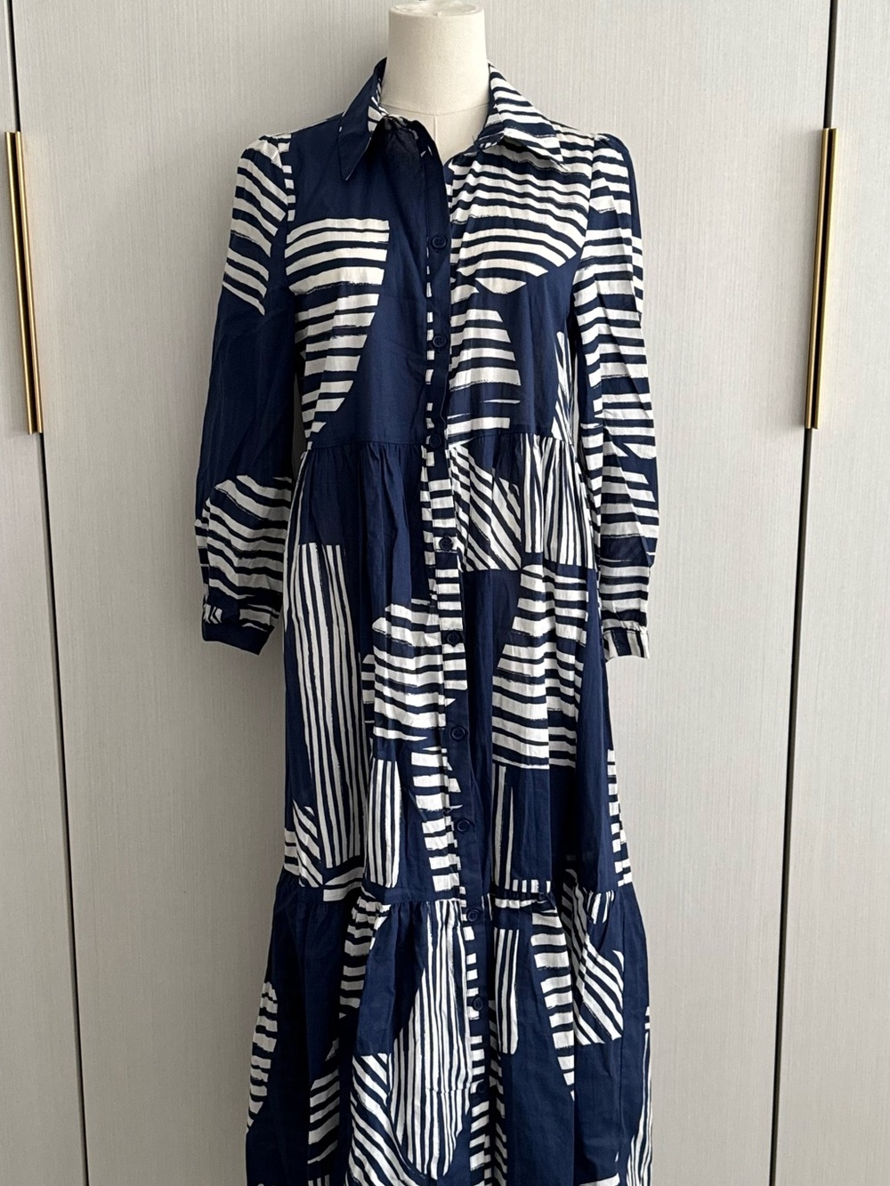 Zara Navy and White Striped Button-Front Maxi Dress